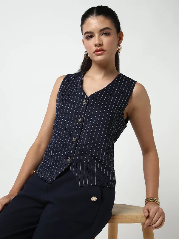 Your Weekend, Your Savings Women Navy Blue Striped Vest Top