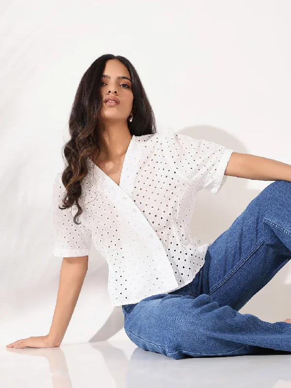 Weekend Savings Sensation Women Off White Solid Crochet Top