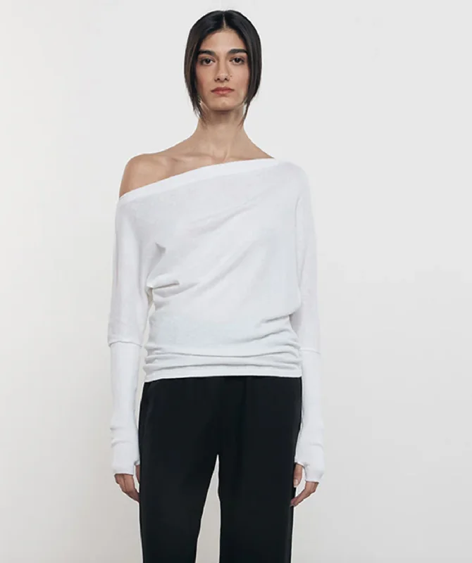 The Best Deal Cashmere Cuffed Off Shoulder Long Sleeve - White