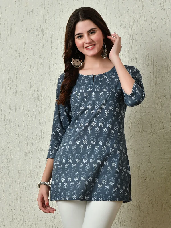 Celebrate the Weekend with Discounts Women Stylish grey Cotton Short Kurti with Elegant Print Celebrate the Weekend with Discounts Women Stylish grey Cotton Short Kurti with Elegant Print