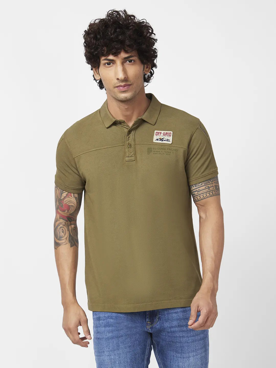 Spykar Men Olive Green Cotton Slim Fit Half Sleeve Polo Neck Plain Tshirt