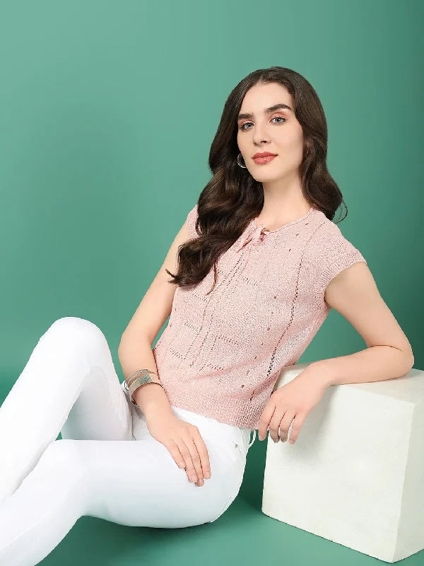 Super Bargain Women Peach Solid Crochet Top