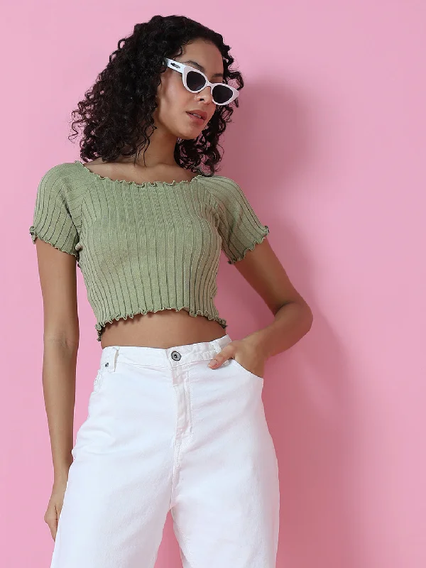 Weekend Steals Await Women Green Solid Crop Top