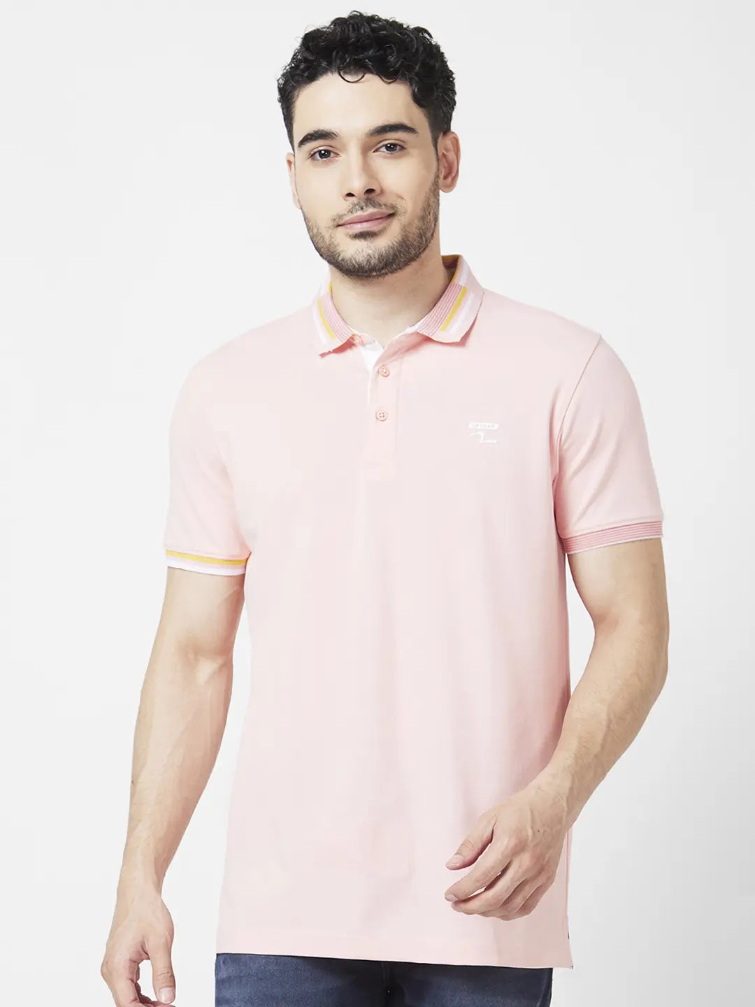 Spykar Men Peach Pink Blended Slim Fit Half Sleeve Polo Neck Plain Tshirt