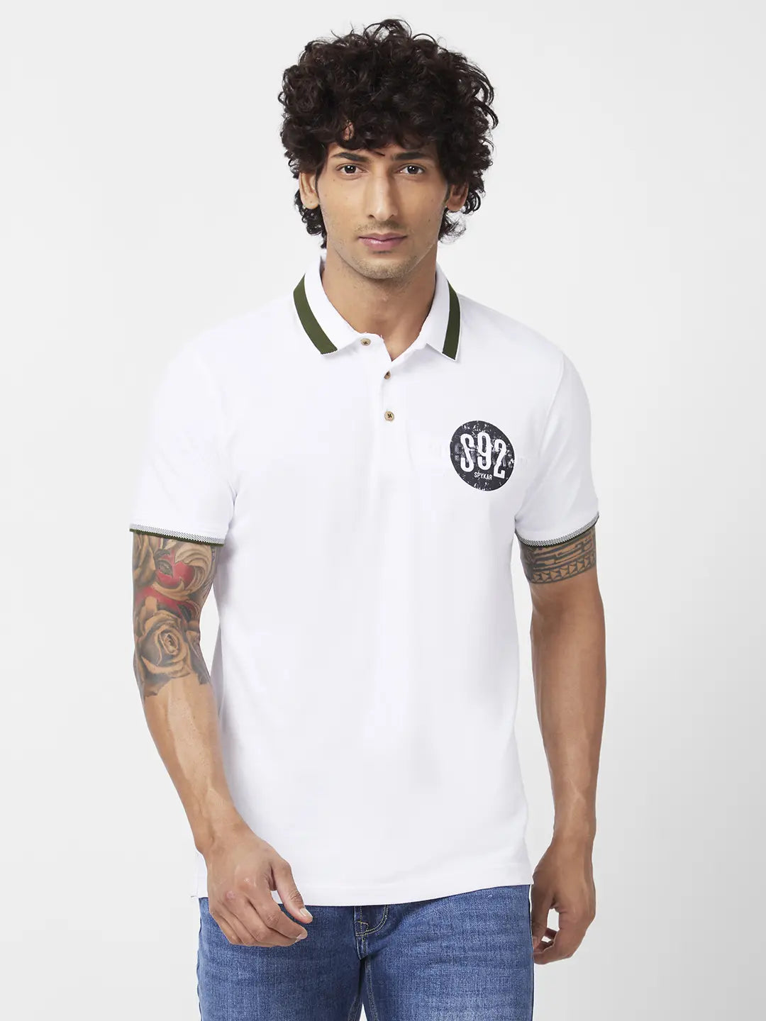 Spykar Men White Cotton Slim Fit Half Sleeve Polo Neck Plain Tshirt