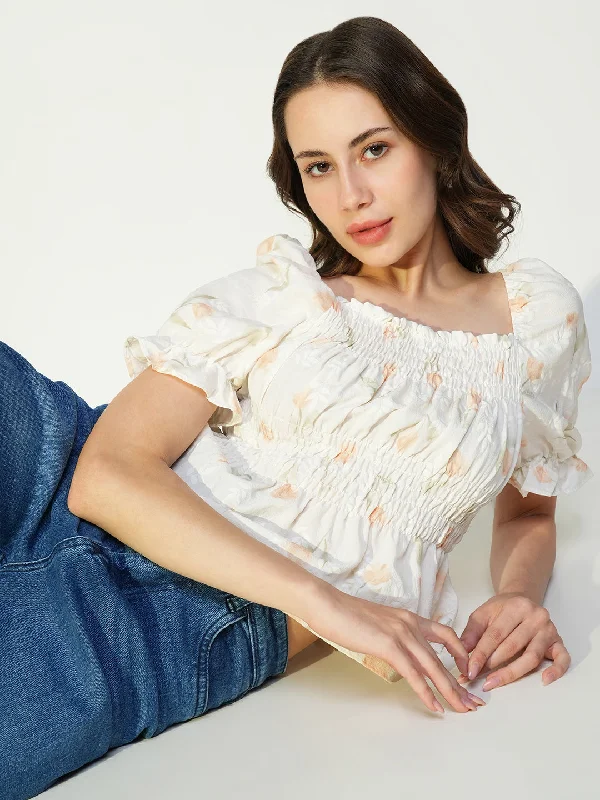 Weekend Savings Spree Women Cream Floral Peplum Top
