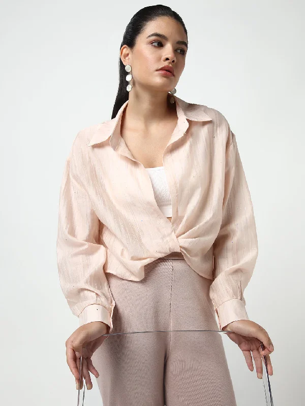 Time-Limited Offer Women Peach Solid Shirt Style Crop Top
