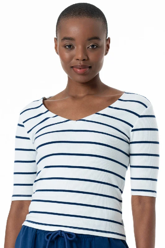Weekend Deals to Make You Happy V-Neck Striped T-Shirt _ 152551 _ Optic White
