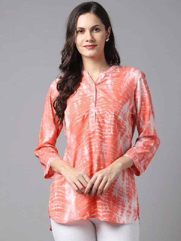 Weekend Savings Galore Women's Casual  Pink Tie dye print Mandarin Collar Tunic