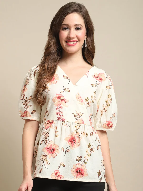 Savings Galore Women's Casual  Offwhite Floral Print V neck Top