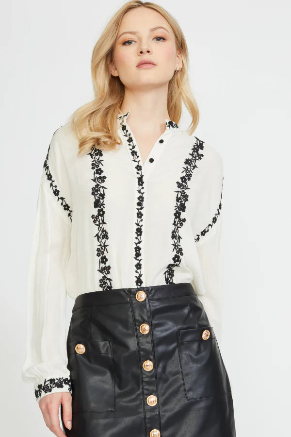 Can't Beat Stand Collar Embroidered Button Down Blouse - Cream