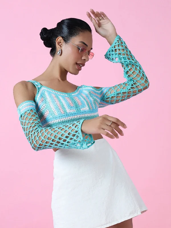Weekend Deals That Please Women Blue Solid Crochet Crop Top