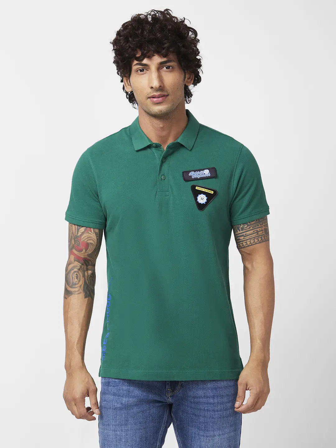 Spykar Men Dark Green Cotton Slim Fit Half Sleeve Polo Neck Plain Tshirt