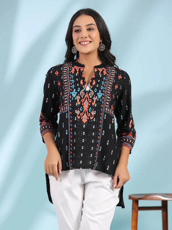 Exclusive Offer Women Black Rayon Staple Ikat Tunic