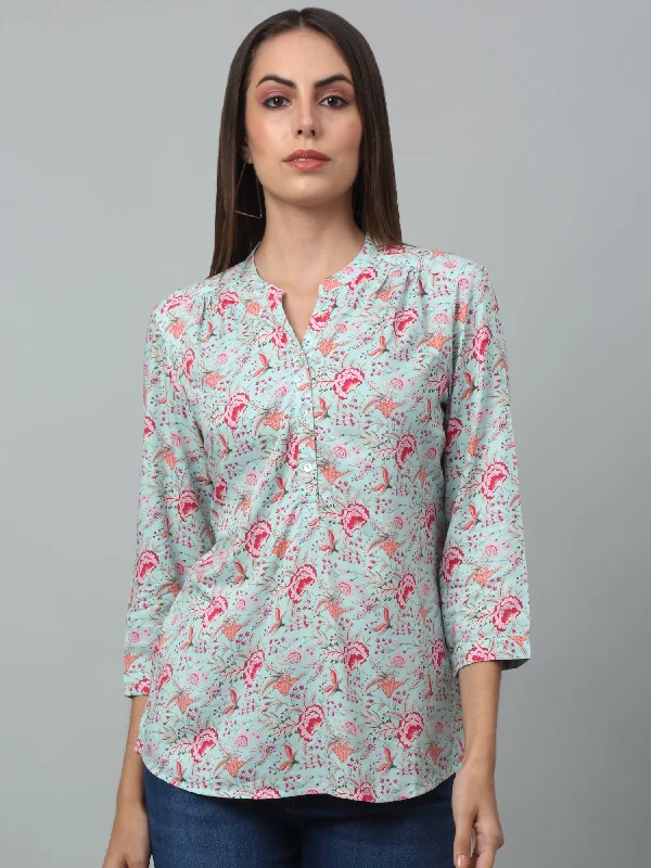 Best Seller Women's Casual  Multi Color Floral Print Mandarin Collar Tunic