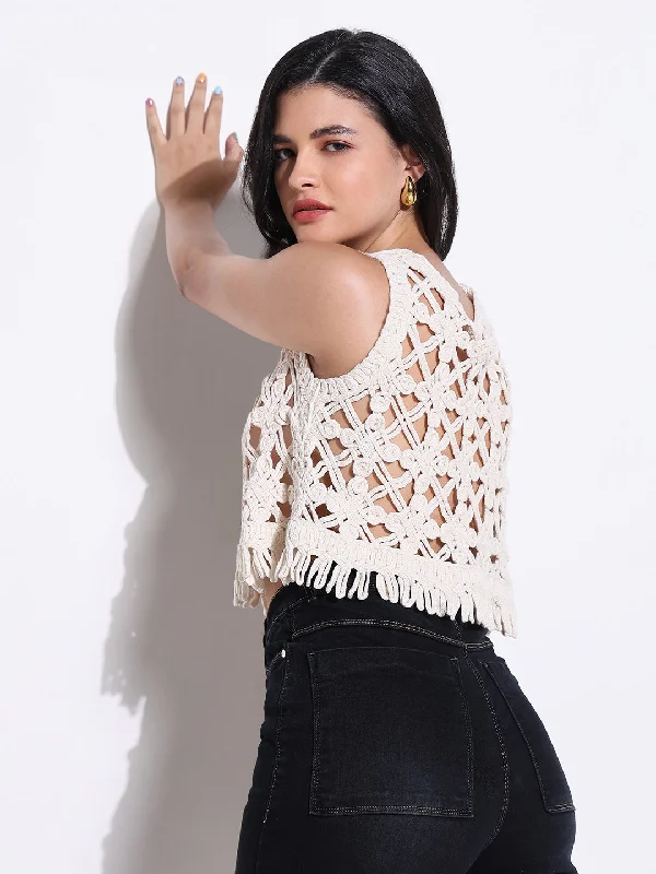 Mega Discount Women Cream Solid Crochet Crop Top