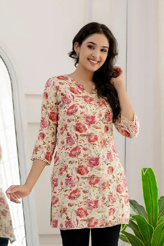 Don't Delay Women Pink and Off White Printed Straight Tunic