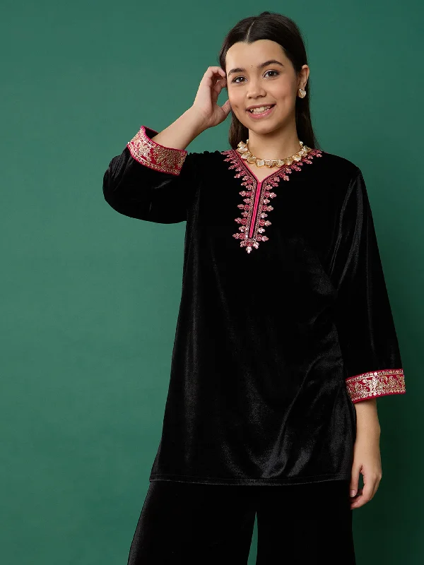 Weekend Bargains Just for You Girl Black Velvet Contrast Embroidered Short Kurta