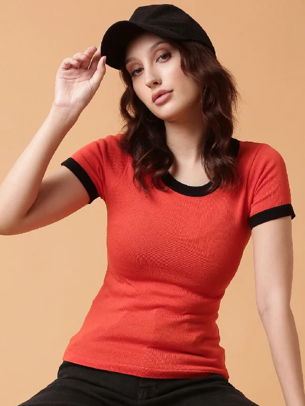 Weekend Deals You Can't Resist Women Orange Solid Fitted Top