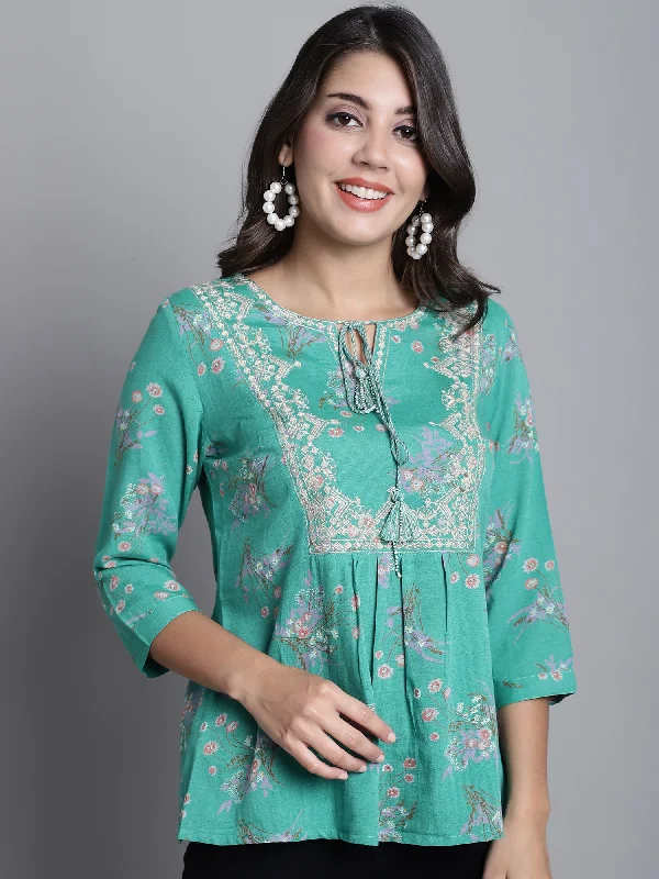 Year-End Clearance Women's Casual  Green Floral Print Round neck with tie up Top