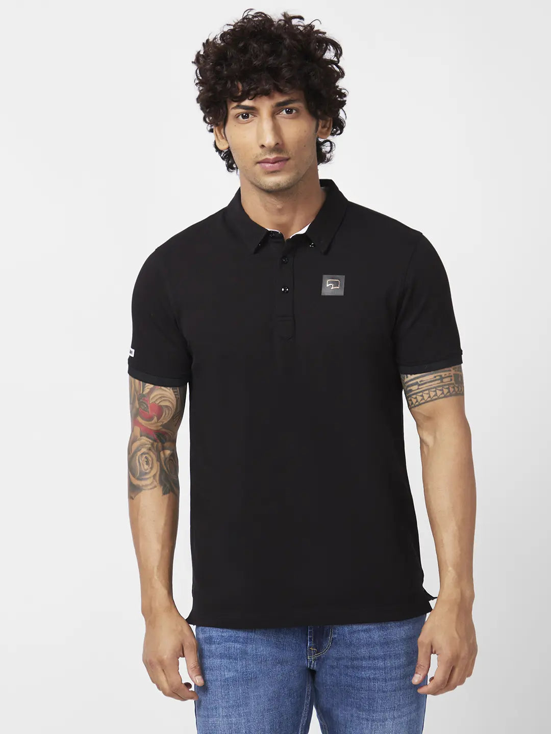 Spykar Men Black Blended Slim Fit Half Sleeve Polo Neck Plain Tshirt