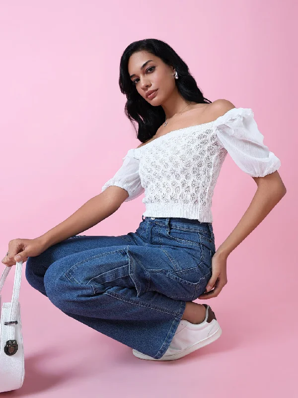Steal Deal Women White Solid Crochet Crop Top