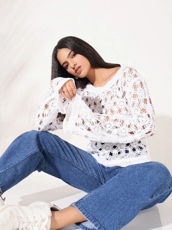 Midnight Madness Women White Solid Crochet Top