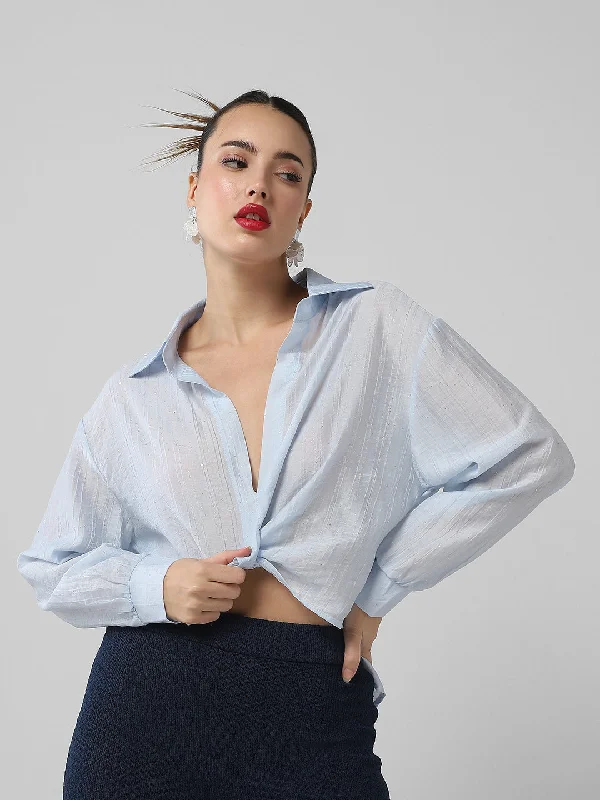 While Supplies Last Women Blue Solid Shirt Style Crop Top