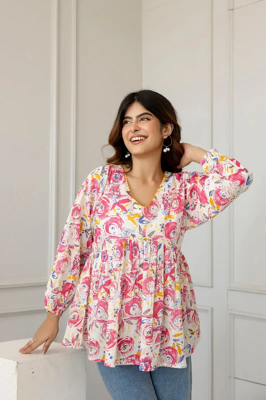 Weekend Bargains to Love Women Pink and Off-White Printed V-Neck Peplum Tunic