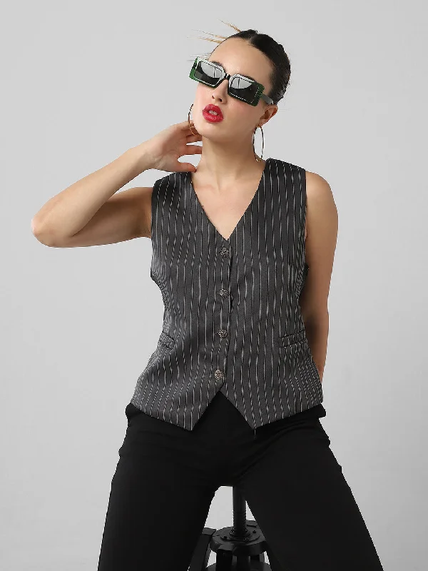 Weekend Savings Galore Women Grey Striped Vest Top