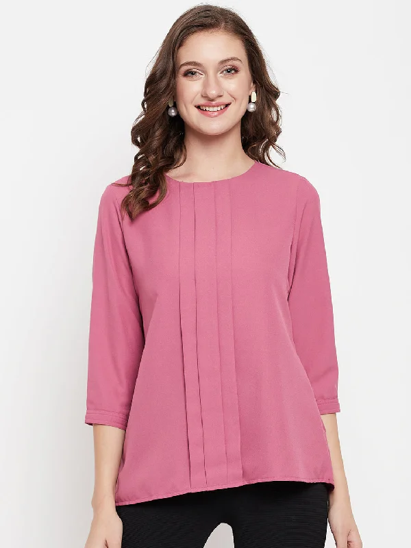 Weekend Shopping Made Better Women's Casual  Pink Solid Round neck Top