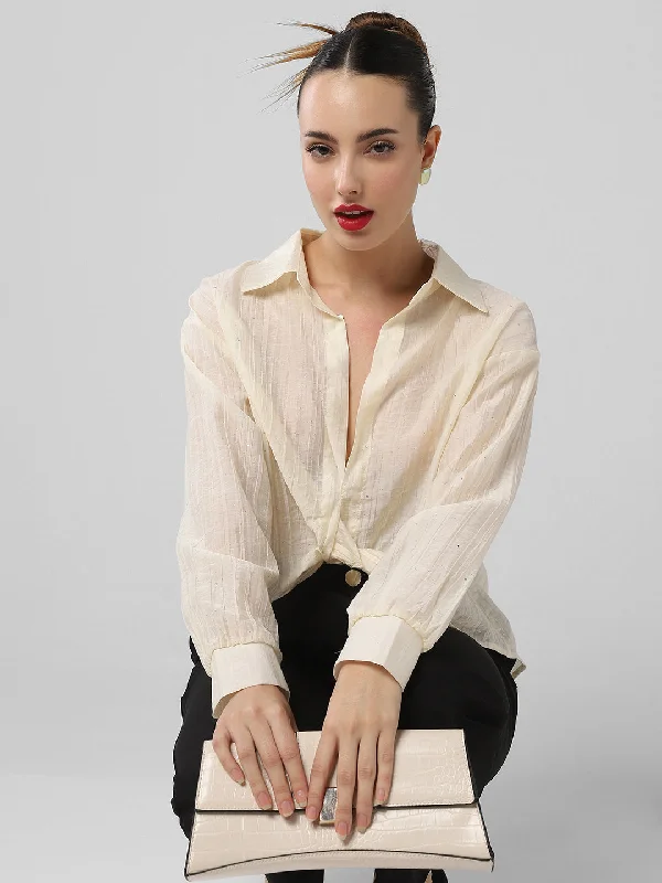 Time-Sensitive Women Cream Solid Shirt Style Crop Top