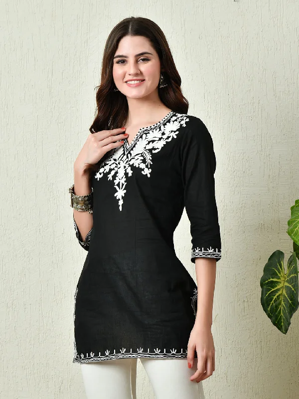 Top Pick Women Stylish black Cotton Short Kurti with Elegant Work