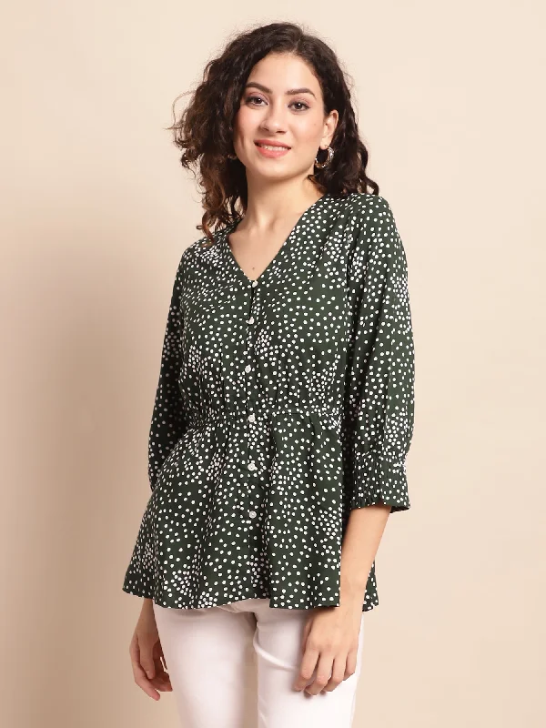 Weekend Shopping Extravaganza Women's Casual  Green Polka dot Print V neck Top