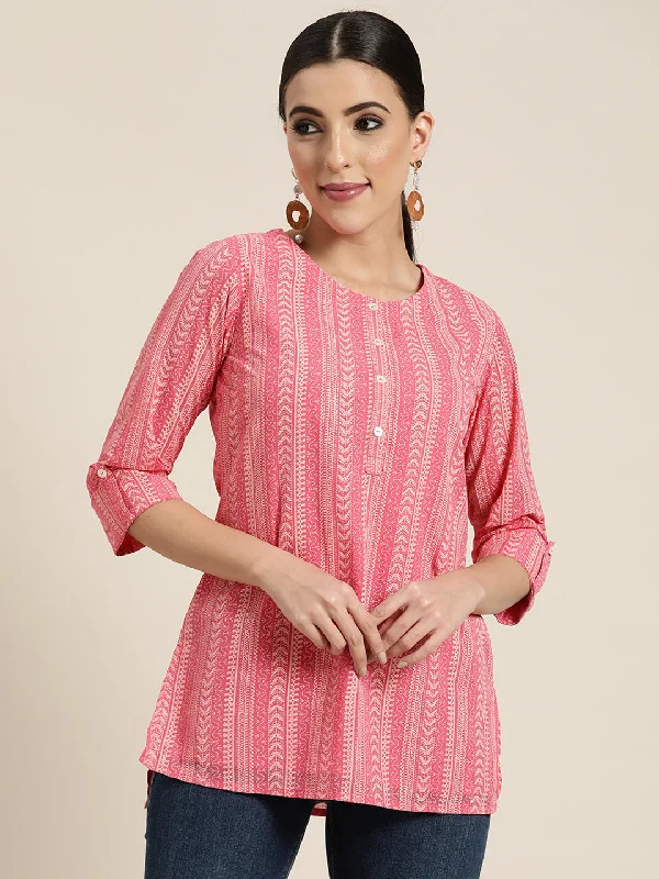 Weekend Shopping Made Better Women Pink Georgette Printed Tunic
