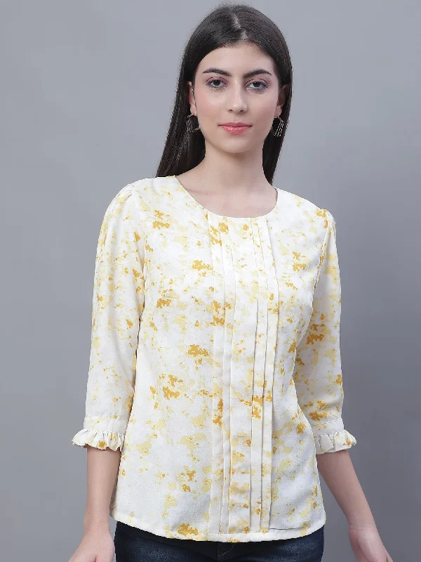 Weekend Discounts to Grab Women's Casual  Yellow Marble Print Round neck Top