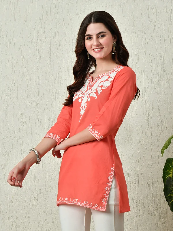 Limited Supply Women Stylish Peach Cotton Short Kurti with Elegant Work