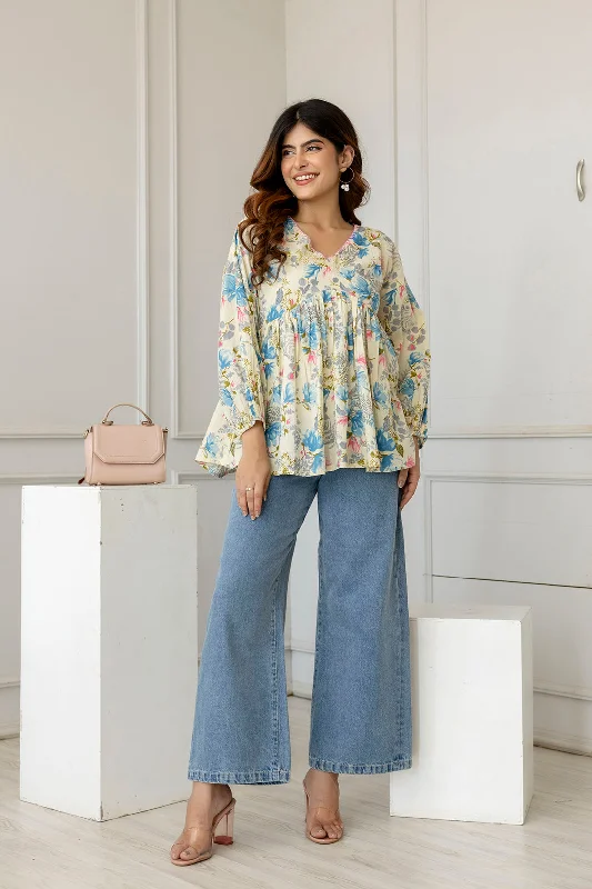 Weekend Specials to Indulge In Women Off-White Printed V-Neck Peplum Tunic