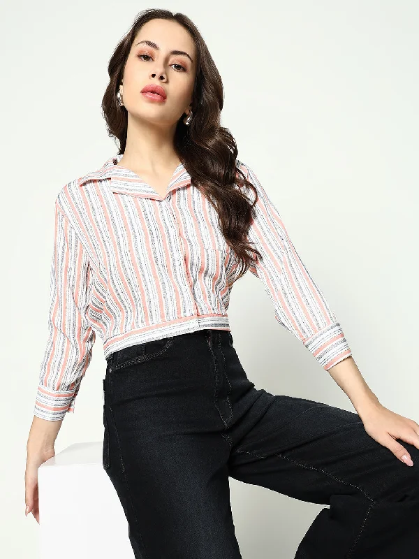 Best Seller Women Peach Striped Shirt Style Top
