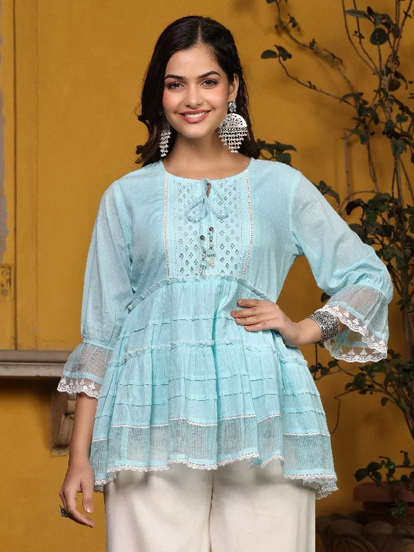 Savings Galore Women Sky Blue Cotton Dobby  Tunic