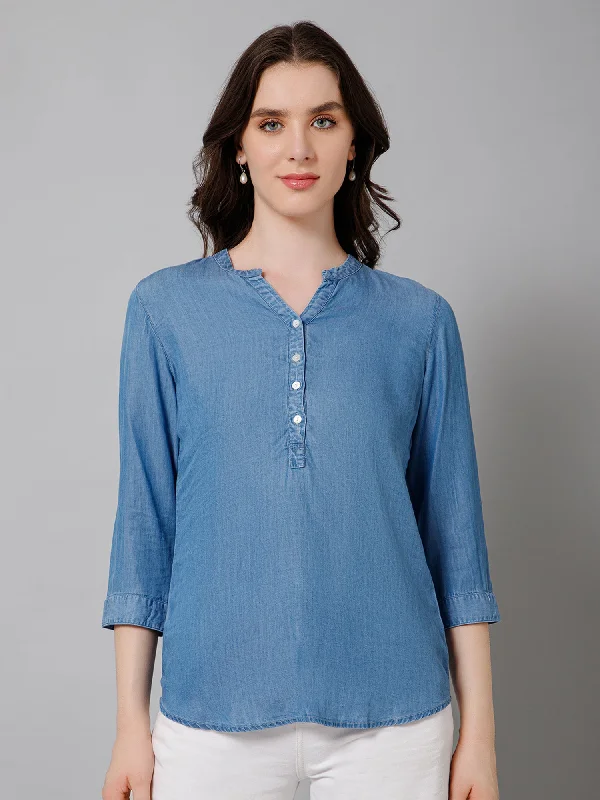 Weekend Discounts to Love Women's Casual  Medium Blue Denim Solid Mandarin Collar Tunic