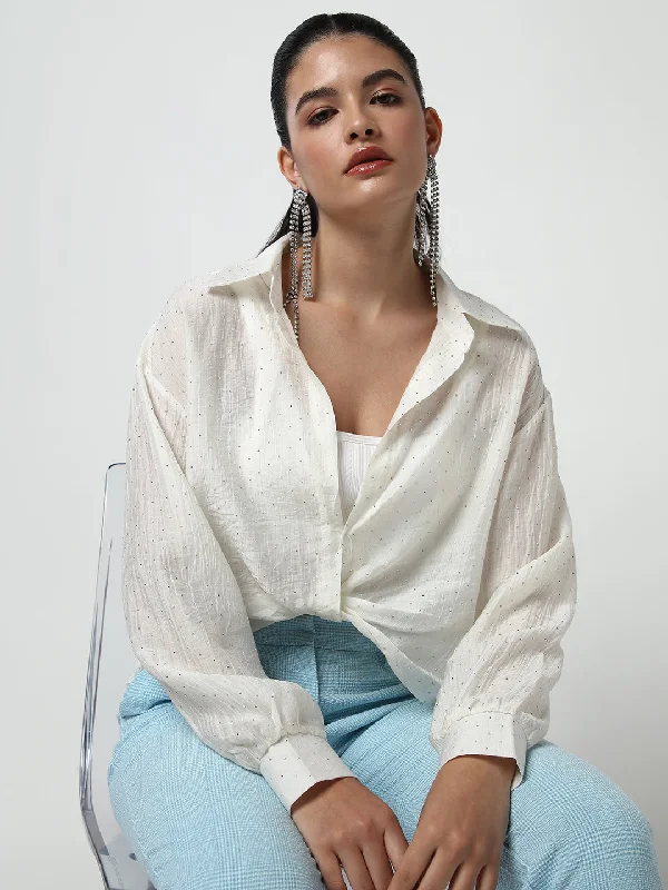 Weekend Bargains Galore Women Off White Solid Shirt Style Crop Top