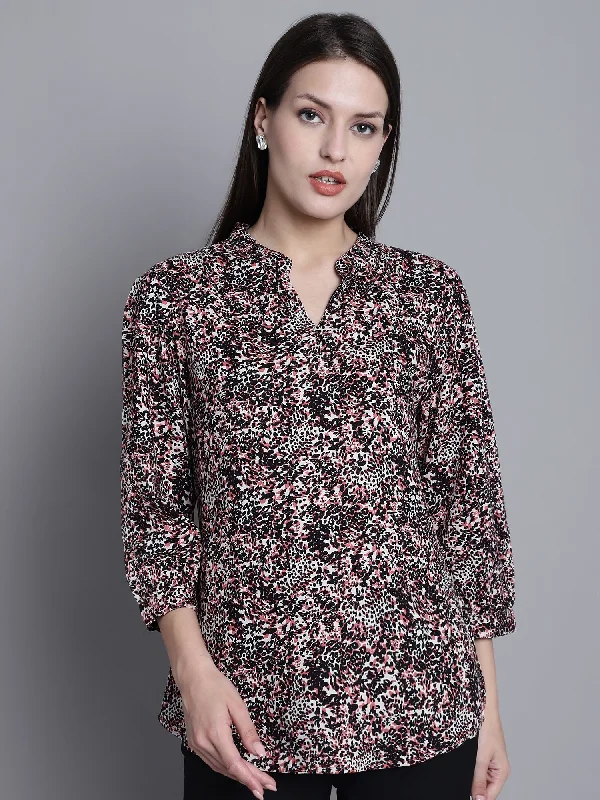Weekend Savings Fiesta Women's Casual  Multi Color Animal Print Mandarin Collar Top