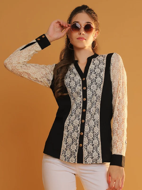 Weekend Discounts to Celebrate Women Black Full Sleeves Mandarin Collar Shirt with Patch Lace Fabric