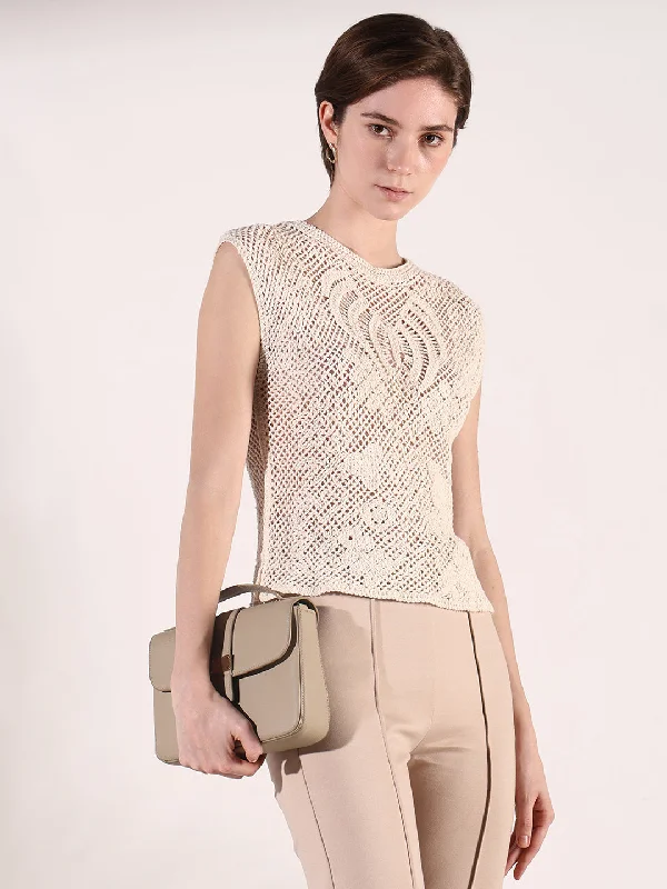 Weekend Bargains to Snag Women Cream Solid Crochet Top