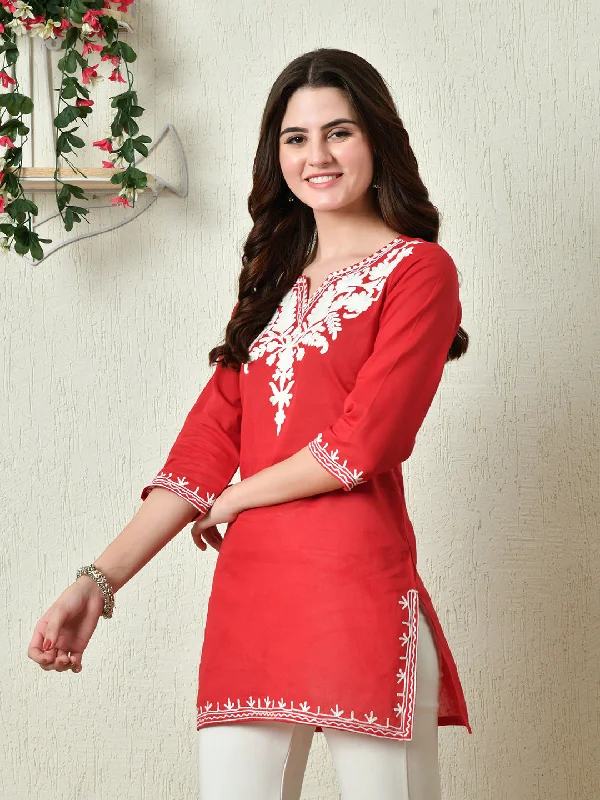 Deal of the Day Women Stylish red Cotton Short Kurti with Elegant Work