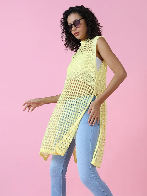 Weekend Savings Extravaganza Women Yellow Solid Crochet Longline Top