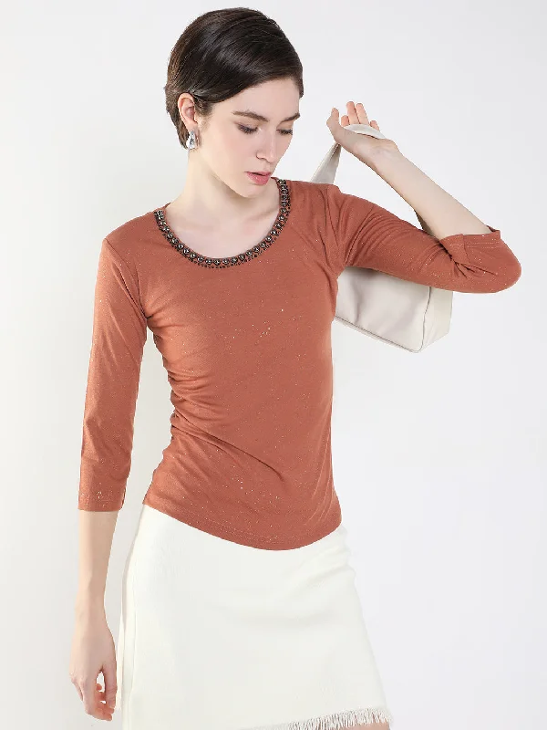 Weekend Savings Extravaganza Women Embellished Brown Fitted Top