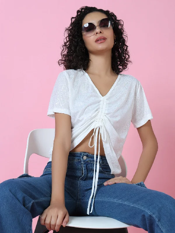 Unbeatable Deal Women White Graphic Ruched Top