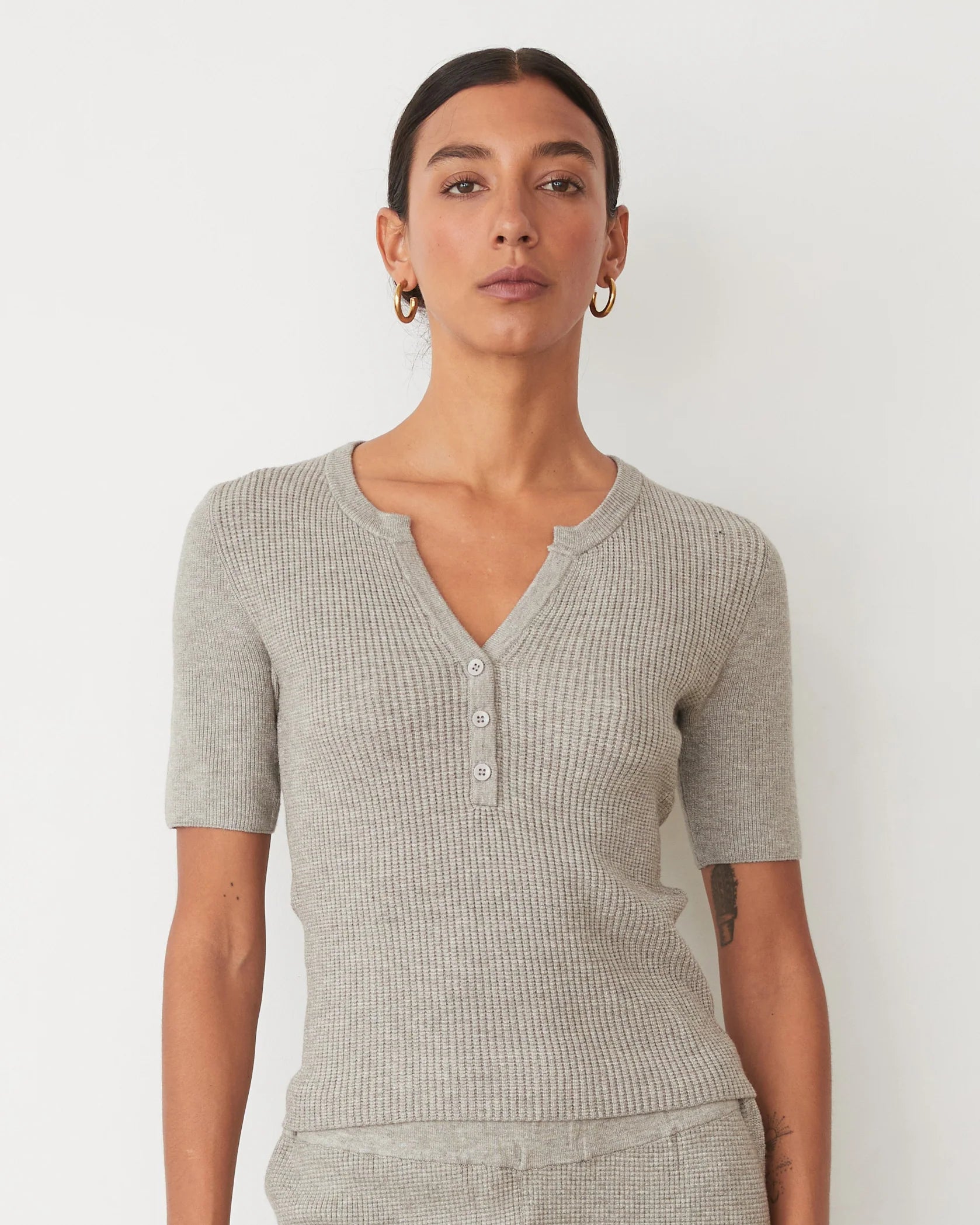 Weekend Savings Delight Softknit Rib Waffle Henley - Heather Grey